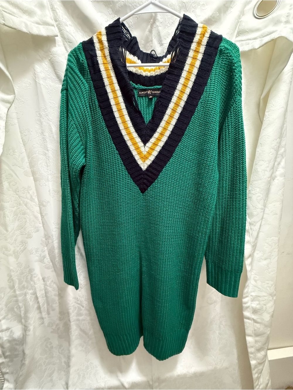 Almost Famous Emerald Green V-Neck Sweater Dress with Black and Gold Trim